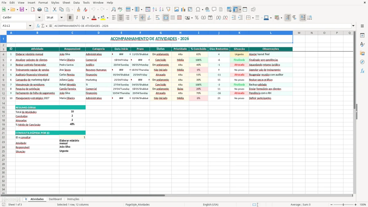 Captura 1: aba Atividades - Planilha Excel acompanhamento de atividades