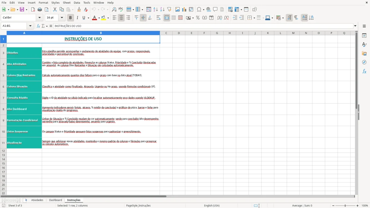 Captura 3: aba Instruções - Planilha Excel acompanhamento de atividades