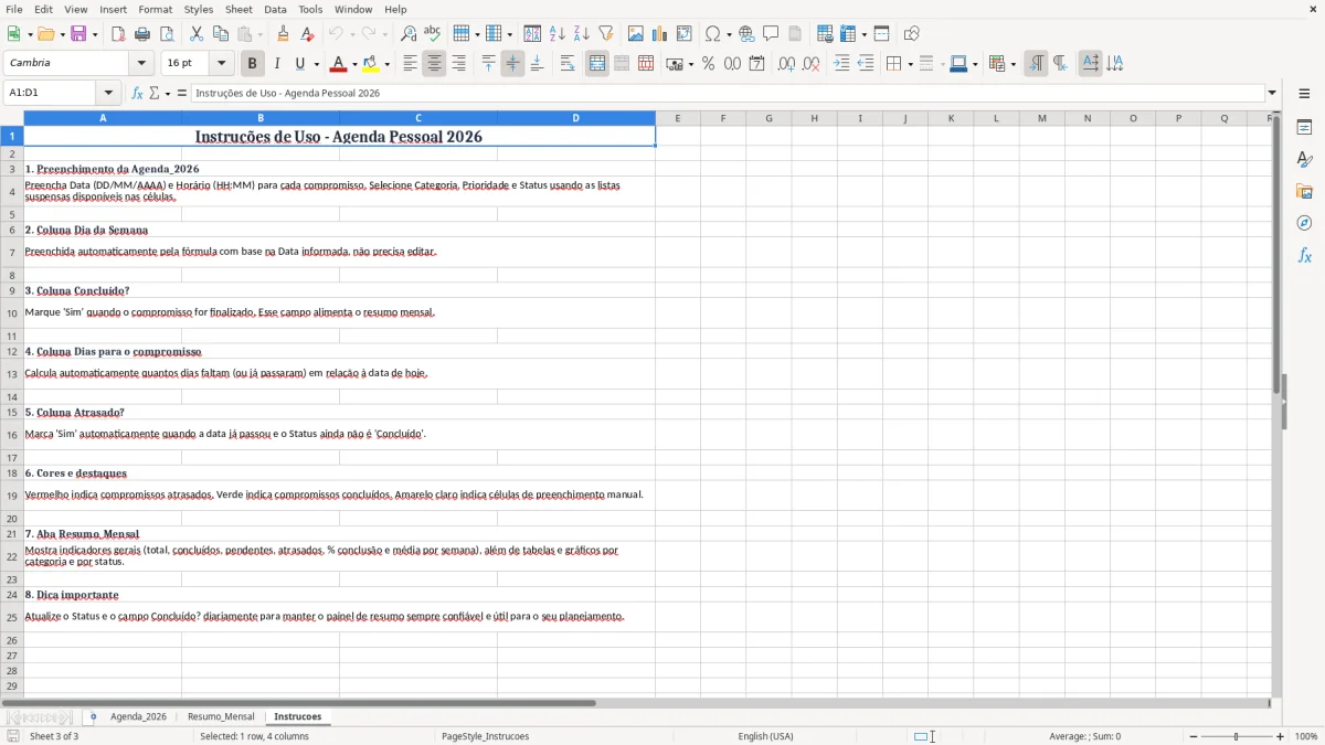 Captura 3: aba Instrucoes - Planilha Excel agenda
