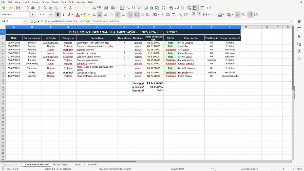 Captura 1: aba Planejamento Semanal - Planilha Excel alimentacao semanal