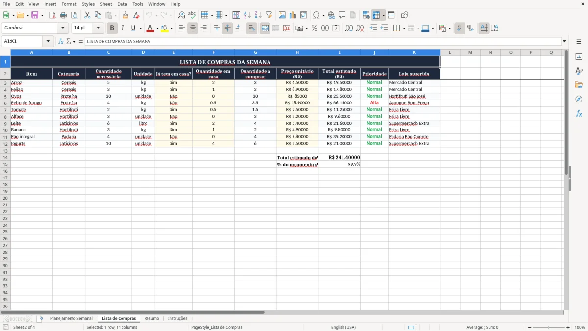Captura 2: aba Lista de Compras - Planilha Excel alimentacao semanal
