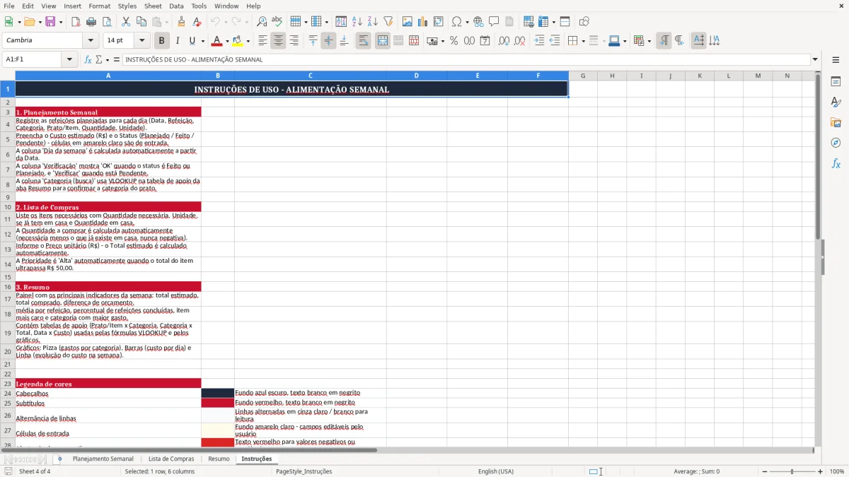 Captura 4: aba Instruções - Planilha Excel alimentacao semanal