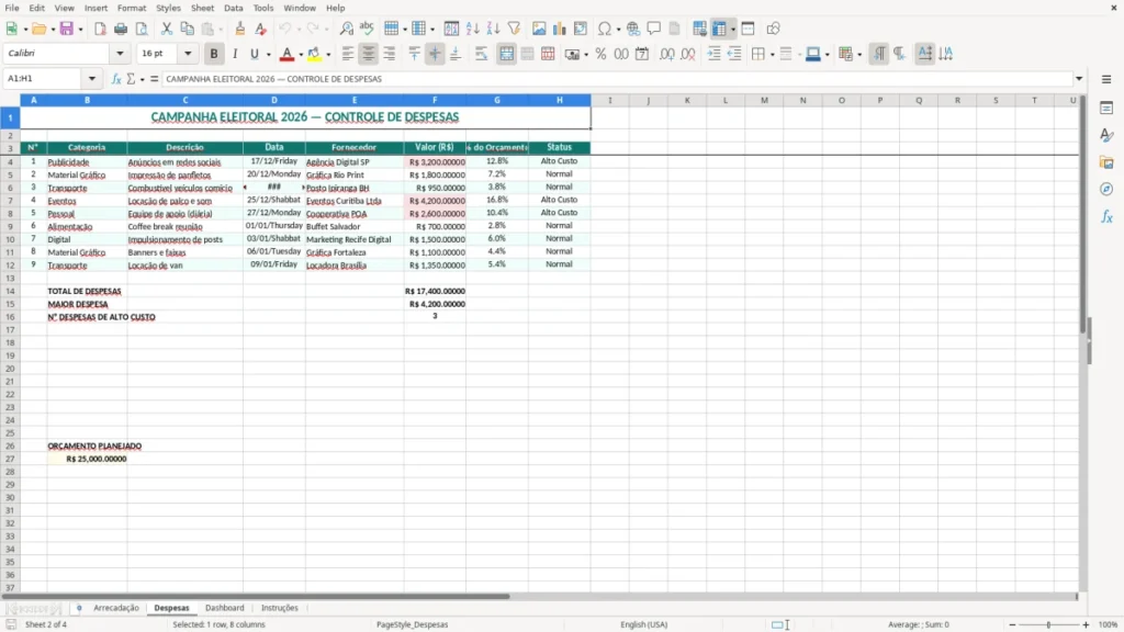 Despesas – Campanha Eleitoral Excel – Planilha Grátis (2026)