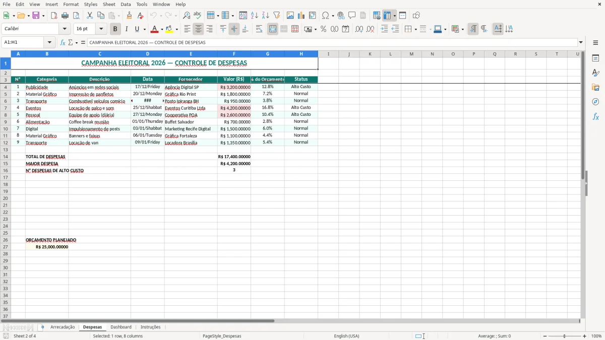 Captura 2: aba Despesas - Planilha Excel campanha eleitoral