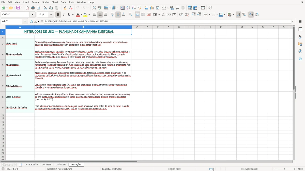 Captura 4: aba Instruções - Planilha Excel campanha eleitoral