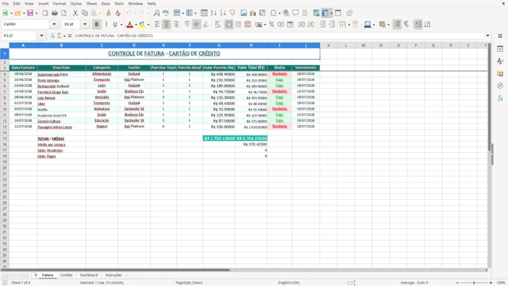 Fatura – Cartão de Crédito Excel – Planilha Grátis (2026)