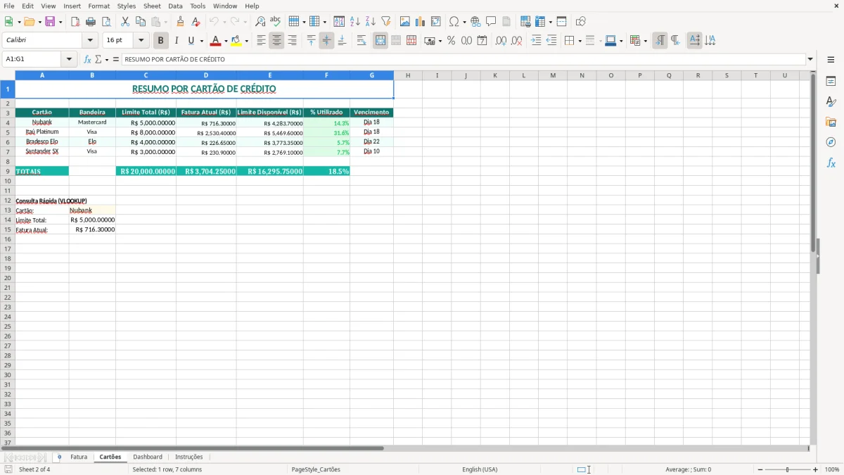 Captura 2: aba Cartões - Planilha Excel cartao de credito