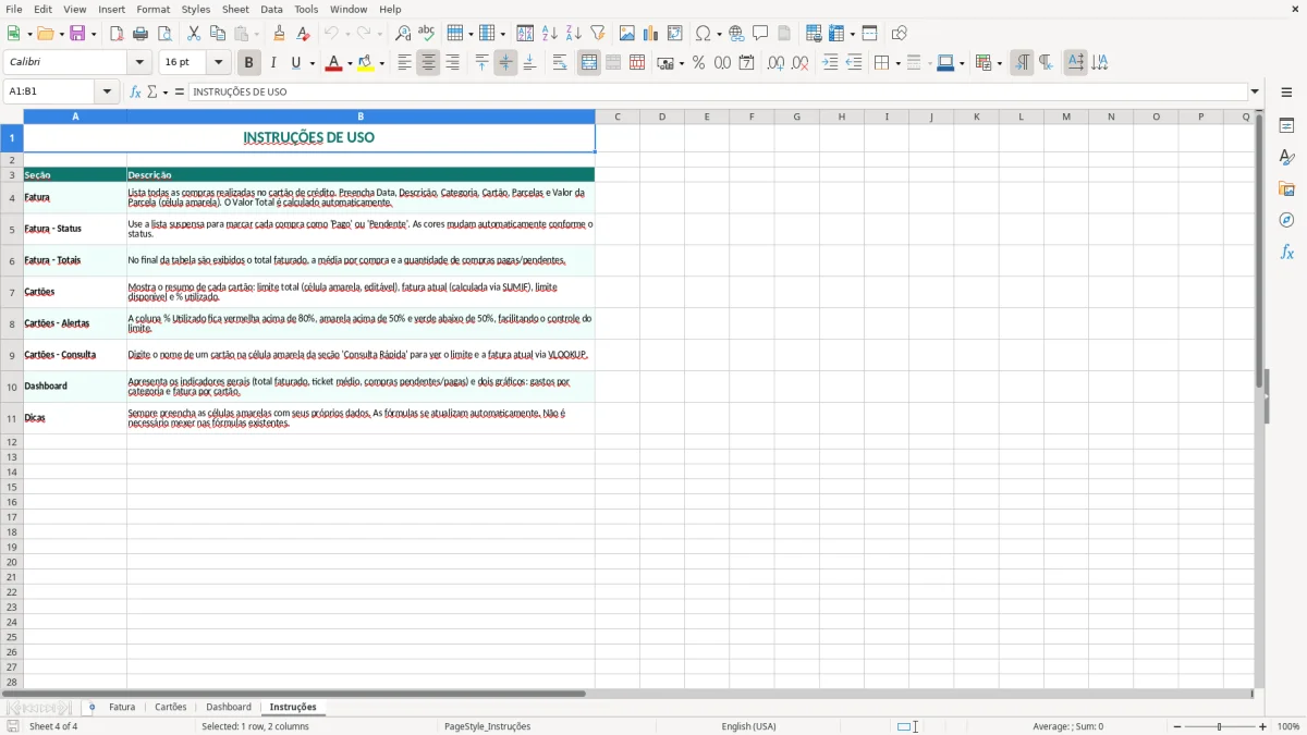 Captura 4: aba Instruções - Planilha Excel cartao de credito