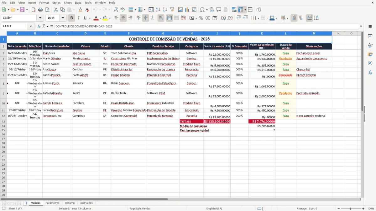 Captura 1: aba Vendas - Planilha Excel comissao de vendas