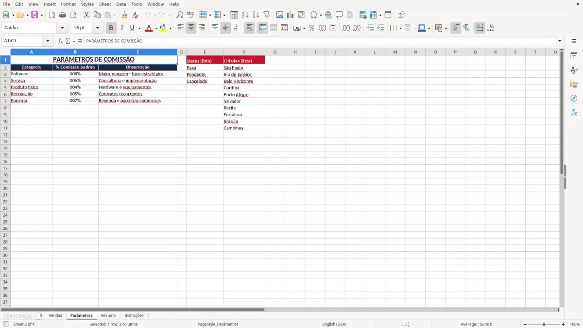 Captura 2: aba Parâmetros - Planilha Excel comissao de vendas