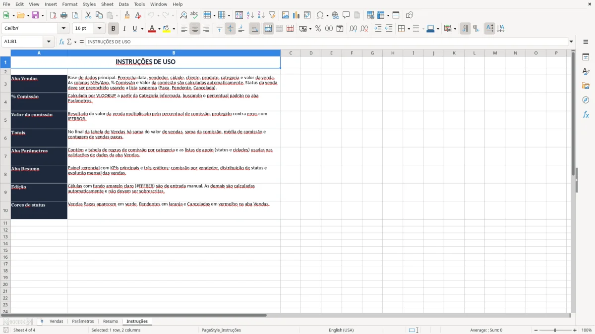 Captura 4: aba Instruções - Planilha Excel comissao de vendas