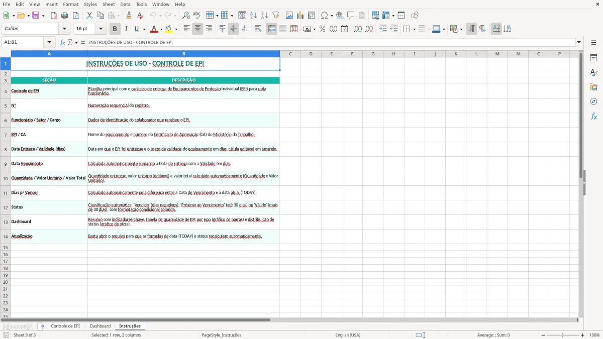 Captura 3: aba Instruções - Planilha Excel controle de epi