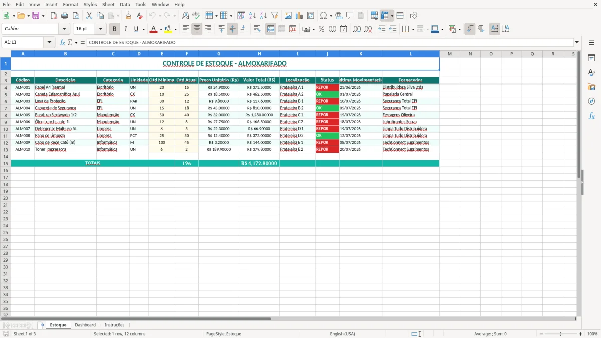 Captura 1: aba Estoque - Planilha Excel controle de estoque almoxarifado