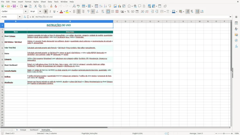 Instruções – Controle almoxarifado Excel – Planilha grátis (2026)