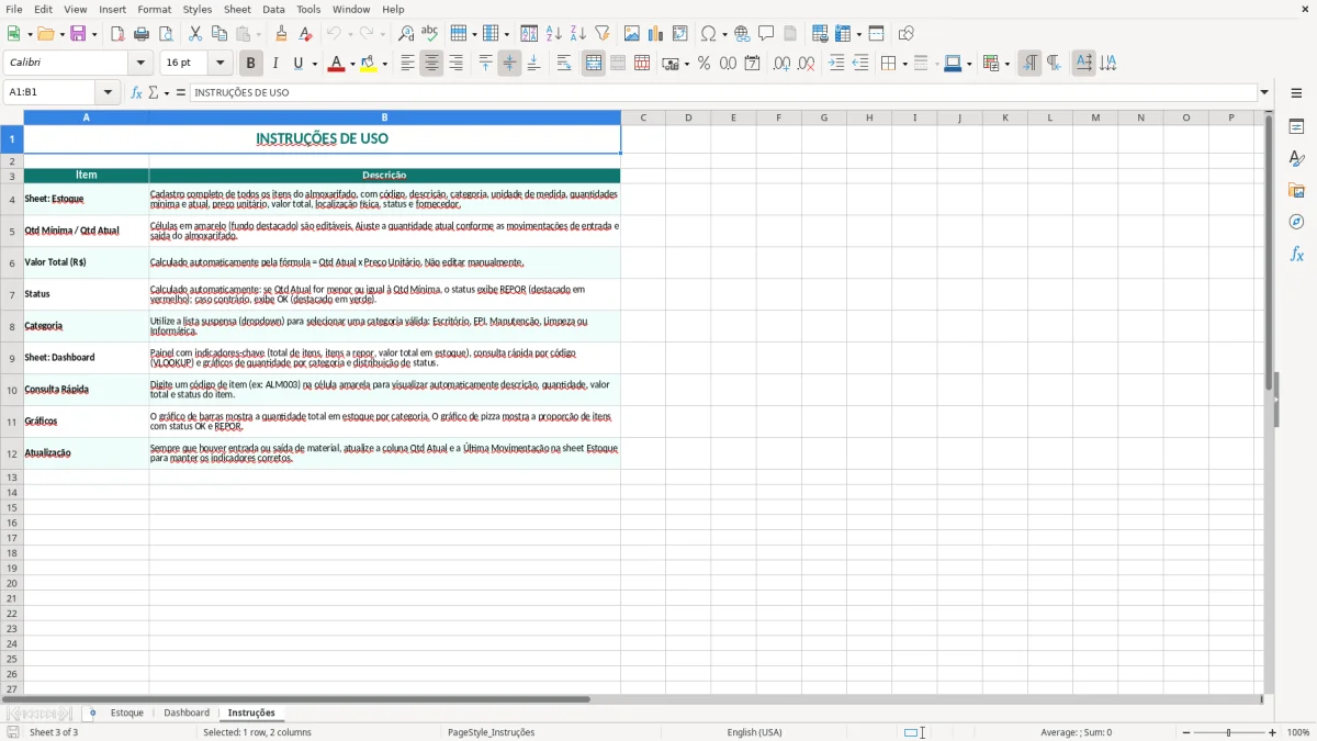 Captura 3: aba Instruções - Planilha Excel controle de estoque almoxarifado