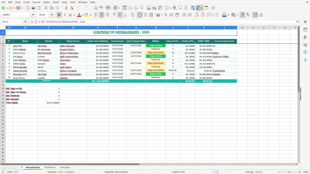 Mensalidades – Mensalidades Excel – Planilha de Controle (2026)