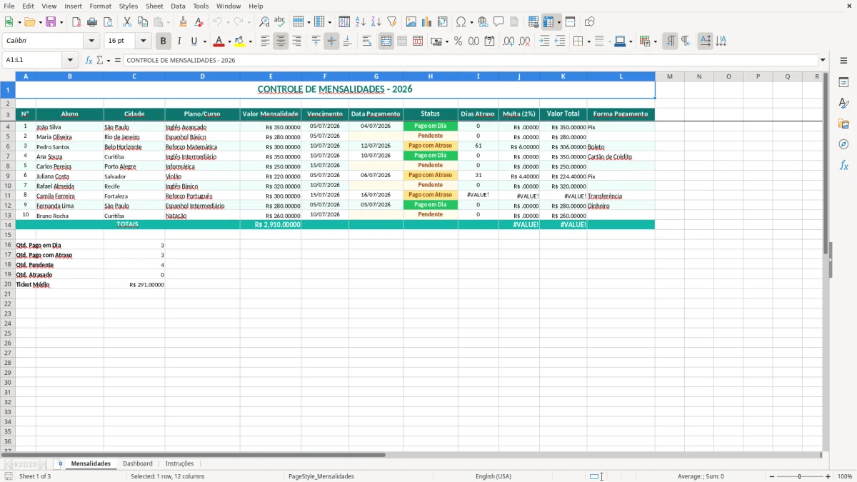 Captura 1: aba Mensalidades - Planilha Excel controle de mensalidades