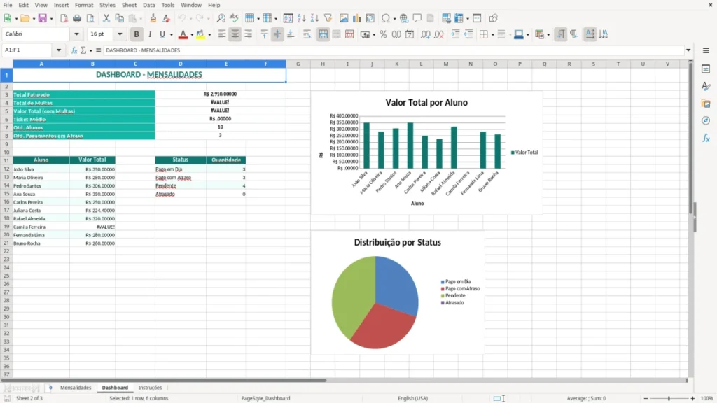Dashboard – Mensalidades Excel – Planilha de Controle (2026)
