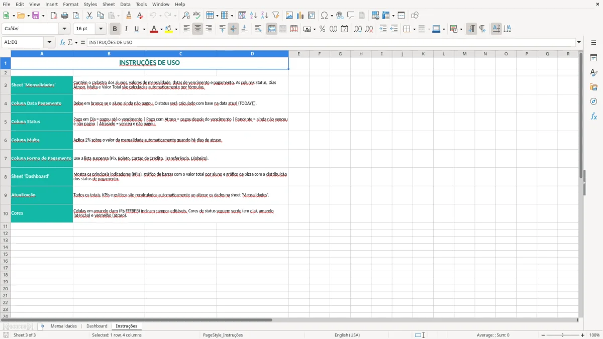 Captura 3: aba Instruções - Planilha Excel controle de mensalidades