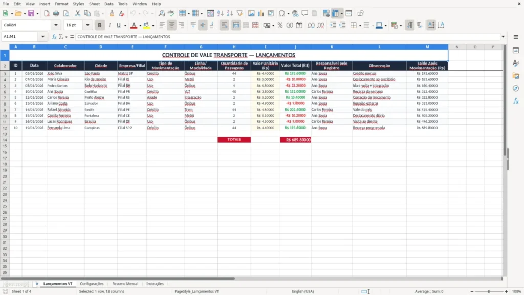 Lançamentos VT – Controle de Vale Transporte Excel – Planilha Grátis (2026)