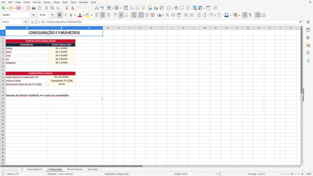 Configurações – Controle de Vale Transporte Excel – Planilha Grátis (2026)