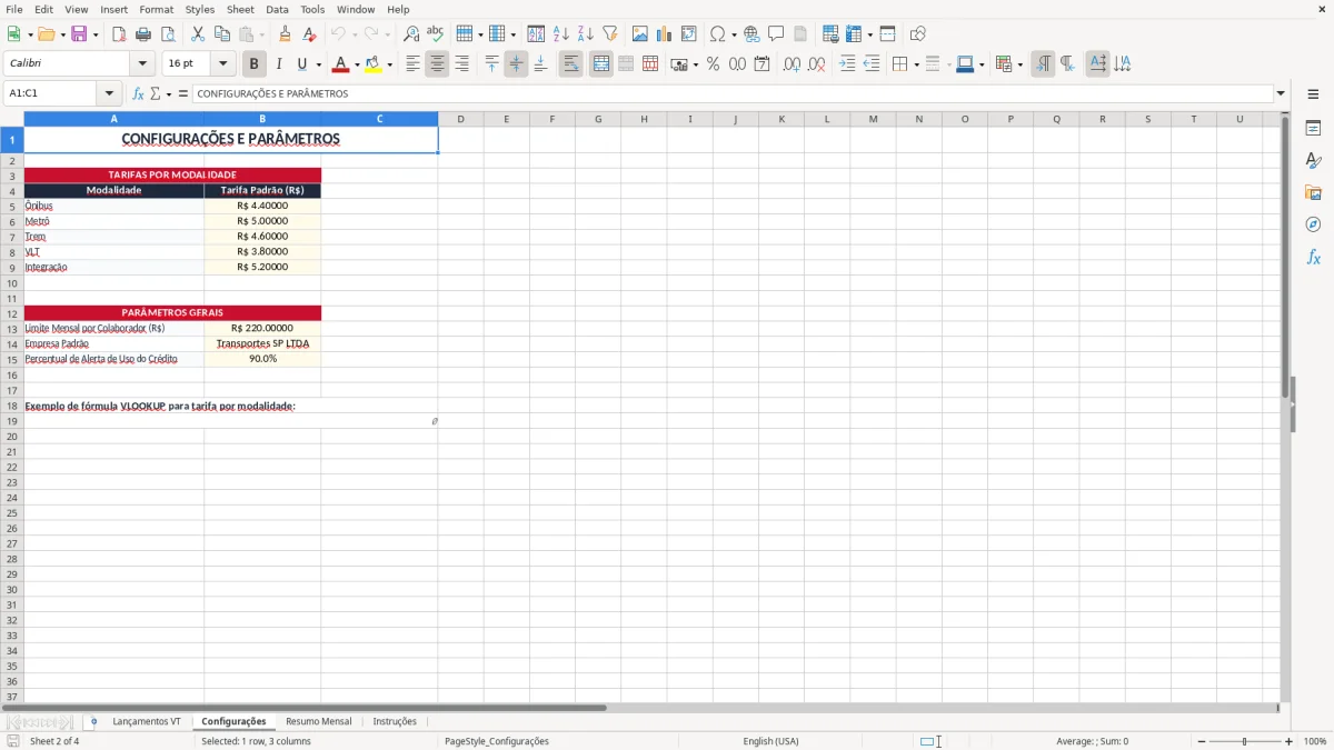 Captura 2: aba Configurações - Planilha Excel controle de vale transporte
