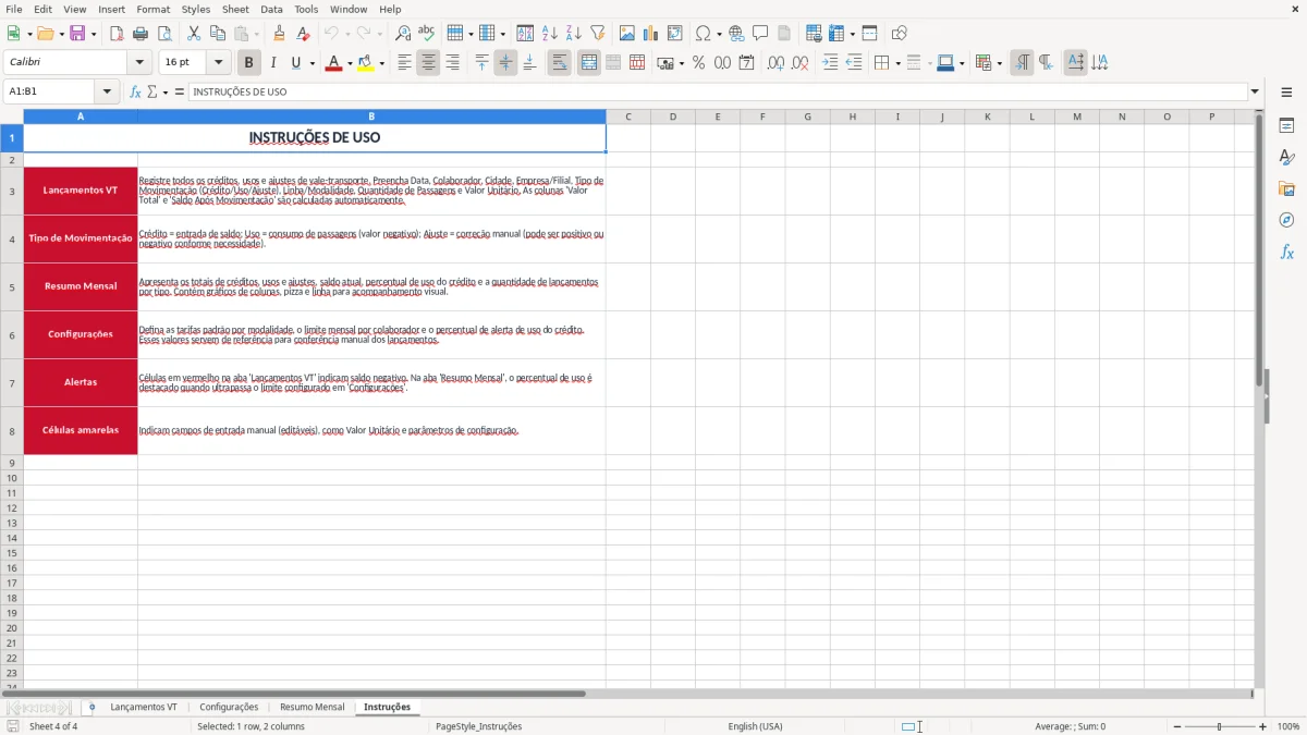 Captura 4: aba Instruções - Planilha Excel controle de vale transporte