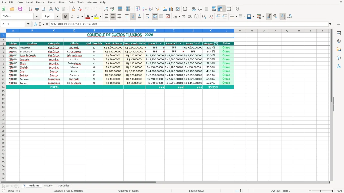 Captura 1: aba Produtos - Planilha Excel custos e lucros