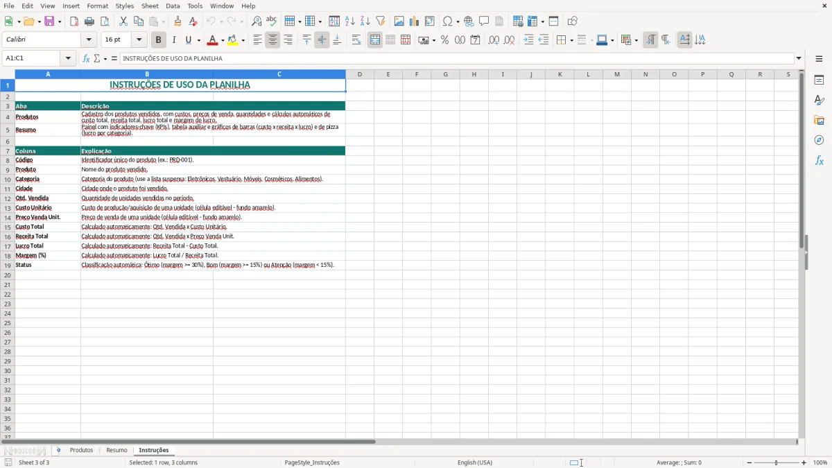 Captura 3: aba Instruções - Planilha Excel custos e lucros