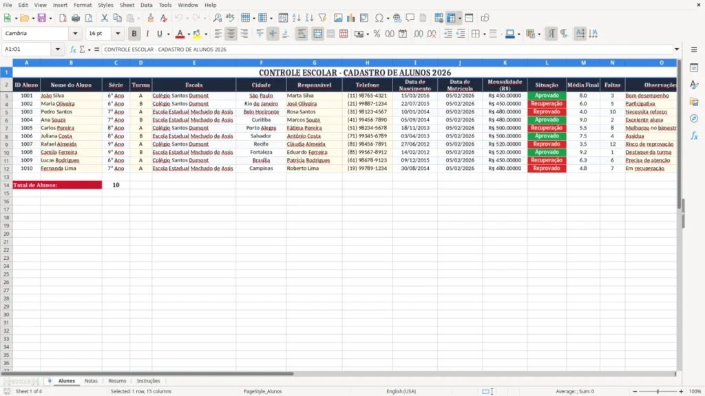 Alunos – Controle Escolar Excel – Planilha Grátis (2026)