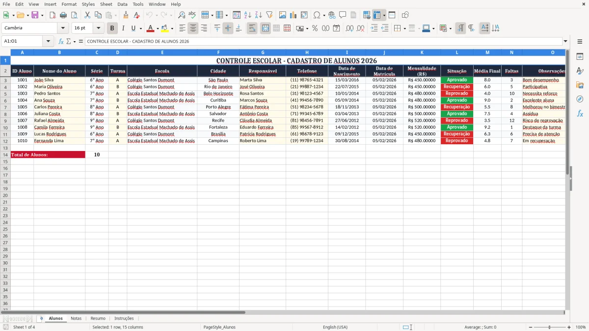 Captura 1: aba Alunos - Planilha Excel escolar