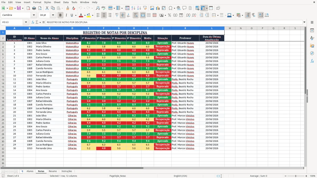 Captura 2: aba Notas - Planilha Excel escolar