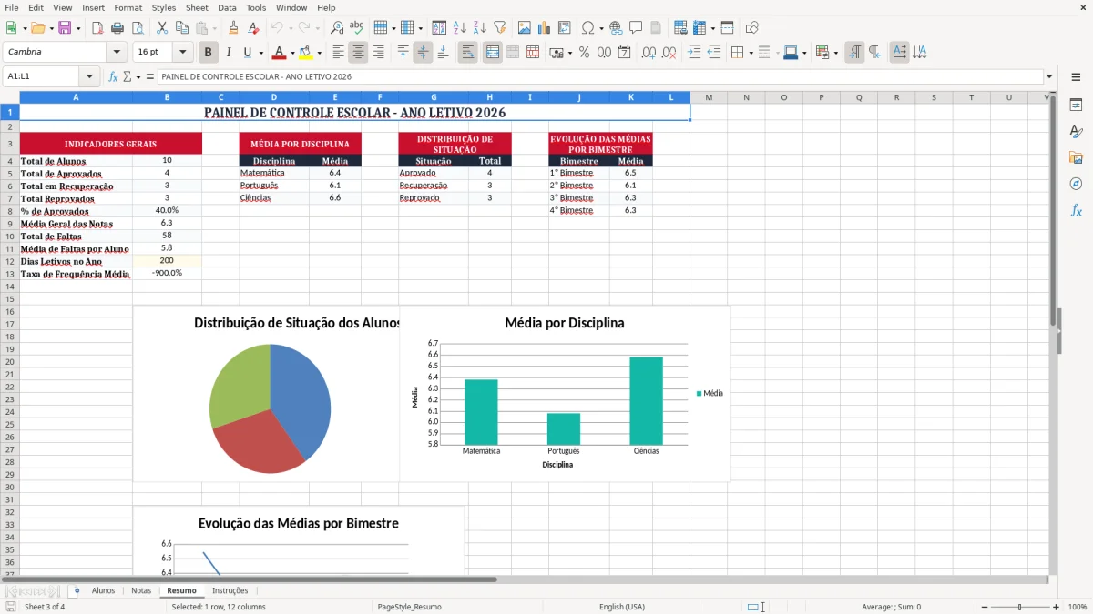 Captura 3: aba Resumo - Planilha Excel escolar
