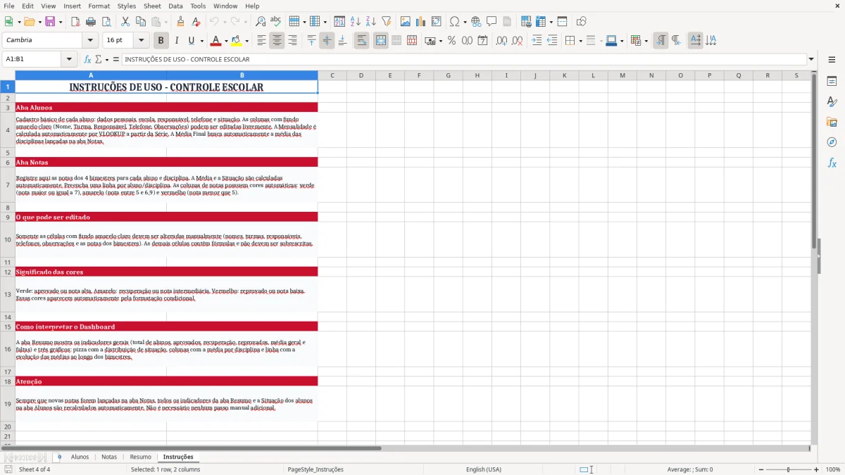 Captura 4: aba Instruções - Planilha Excel escolar