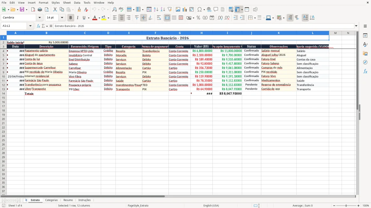 Captura 1: aba Extrato - Planilha Excel extrato bancario
