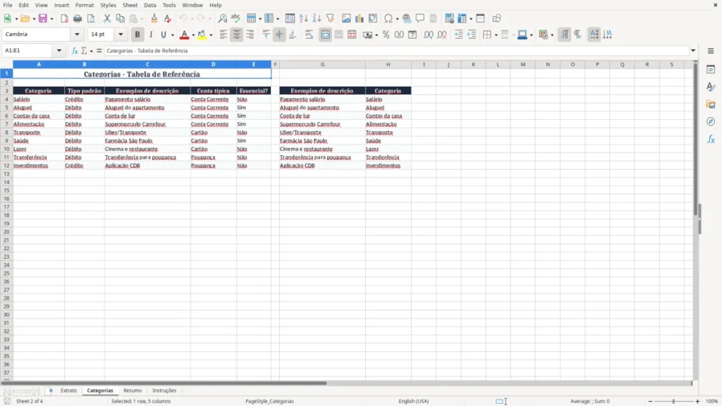 Categorias – Extrato Bancario Excel – Planilha Grátis (2026)