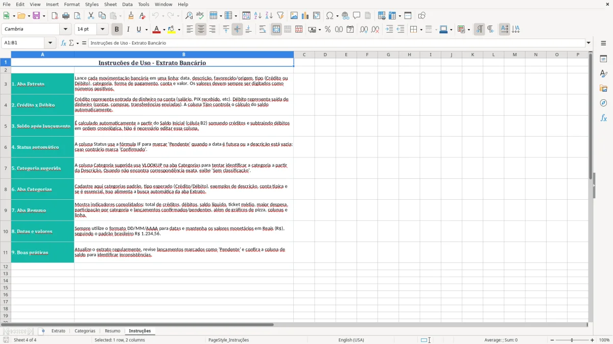 Captura 4: aba Instruções - Planilha Excel extrato bancario