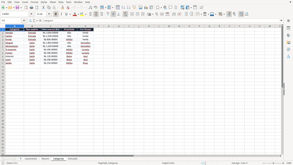 Captura 3: aba Categorias - Planilha Excel fluxo de caixa diario