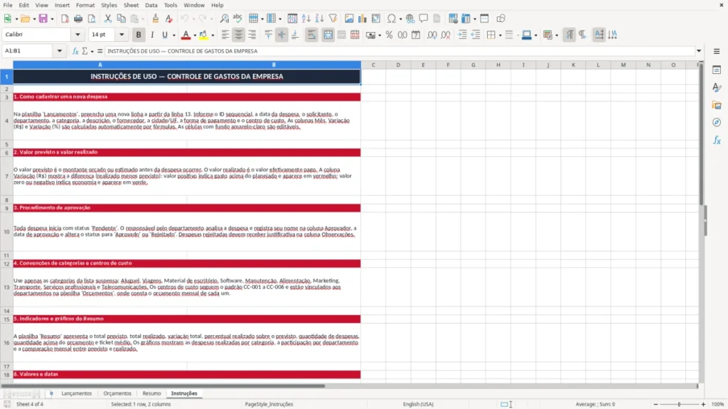 Instruções – Planilha de Gastos da Empresa Excel