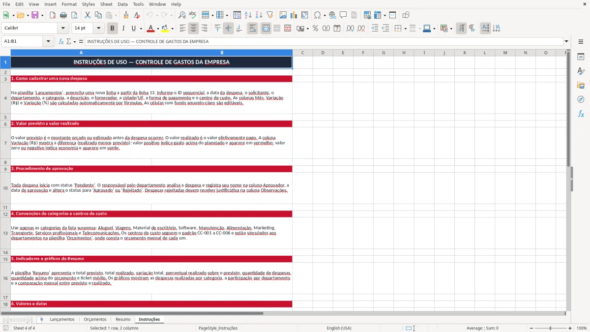Captura 4: aba Instruções - Planilha Excel gastos empresa