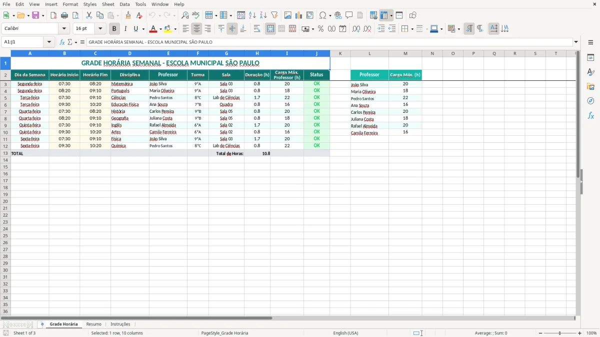 Captura 1: aba Grade Horária - Planilha Excel horario de aulas