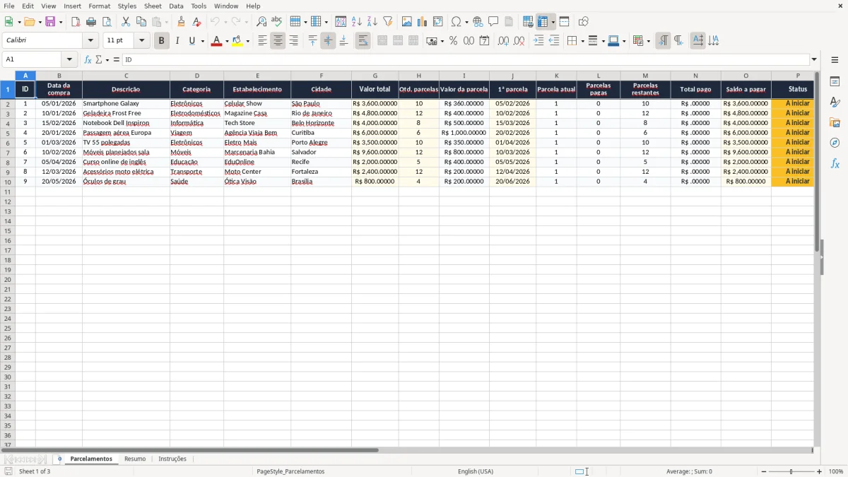 Captura 1: aba Parcelamentos - Planilha Excel parcelamento