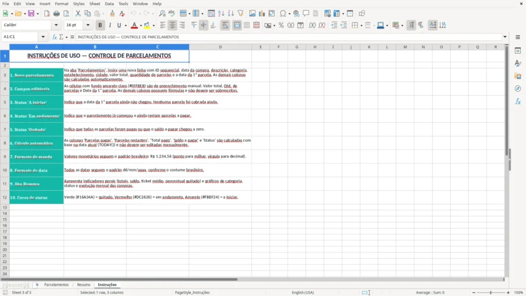 Instruções – Parcelamento Excel – Planilha Grátis (2026)