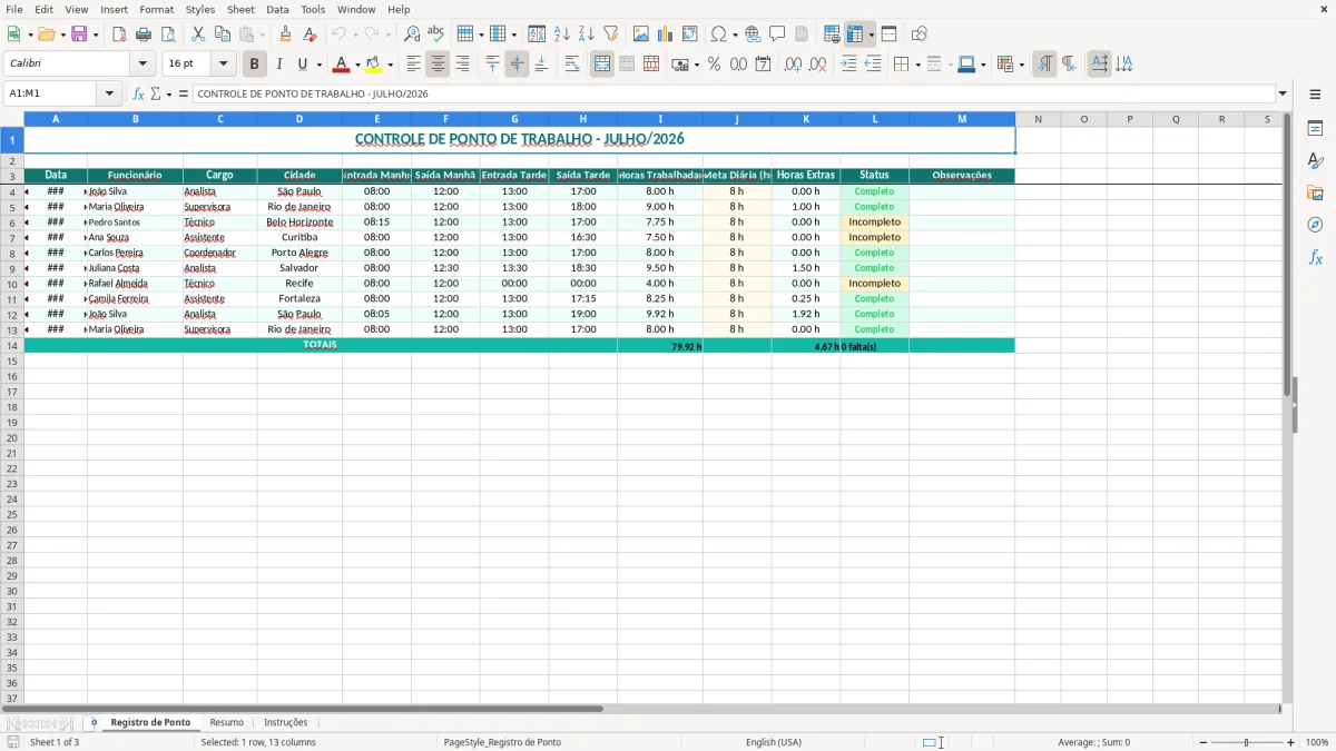 Captura 1: aba Registro de Ponto - Planilha Excel ponto de trabalho