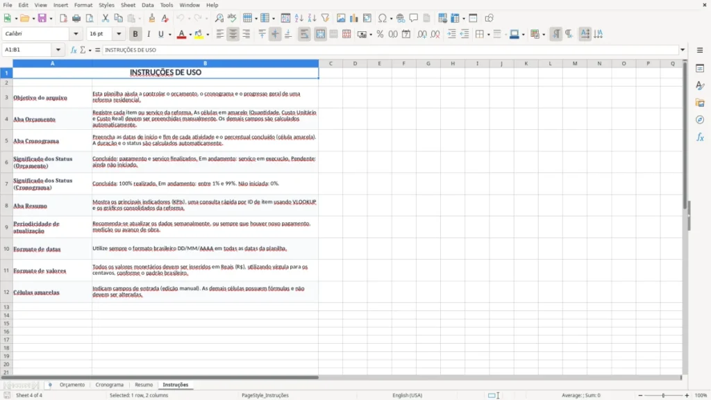 Instruções – Reforma Residencial Excel – Planilha Grátis (2026)