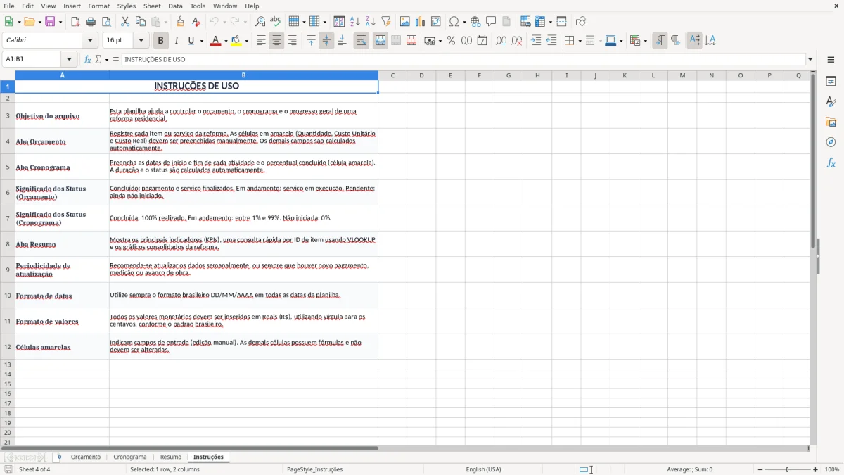 Captura 4: aba Instruções - Planilha Excel reforma residencial
