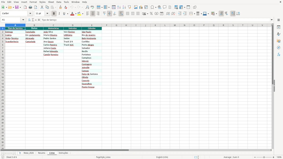 Captura 3: aba Listas - Planilha Excel roteirizacao