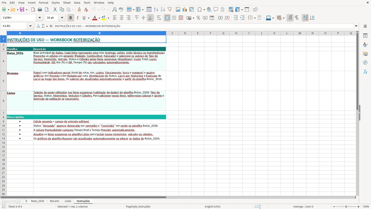Captura 4: aba Instruções - Planilha Excel roteirizacao