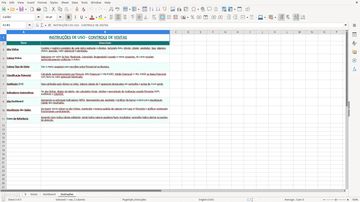 Captura 3: aba Instruções - Planilha Excel visitas a clientes