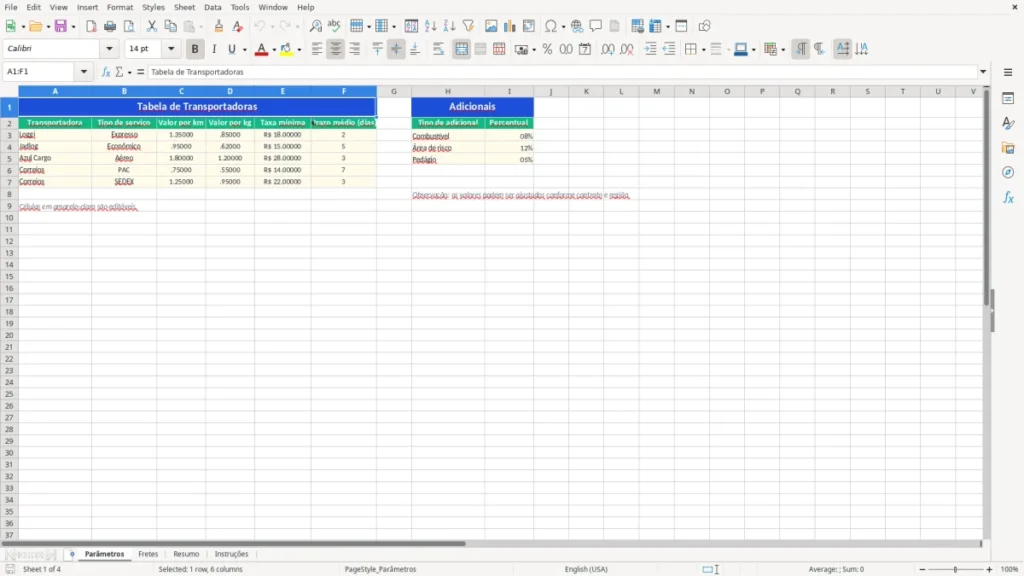 Parâmetros – Cálculo de Frete no Excel